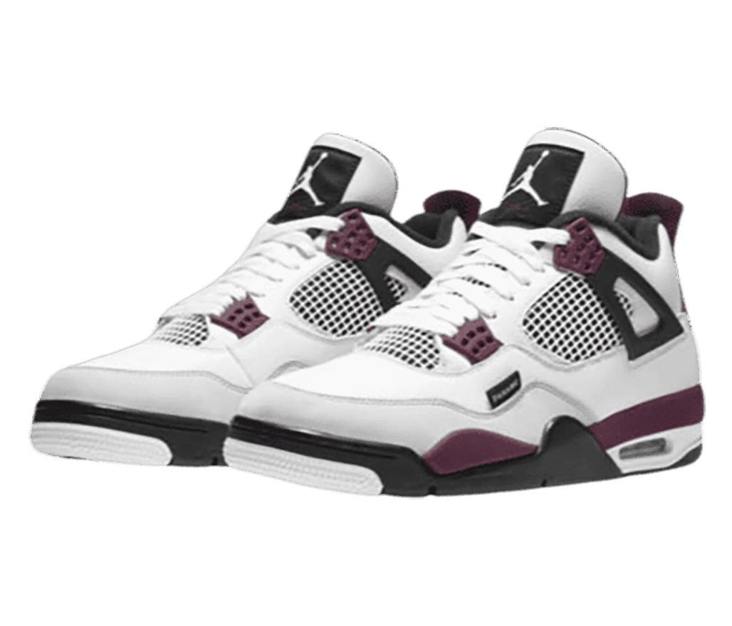 A white pair of AJ4 sneakers with purple and black detailing.