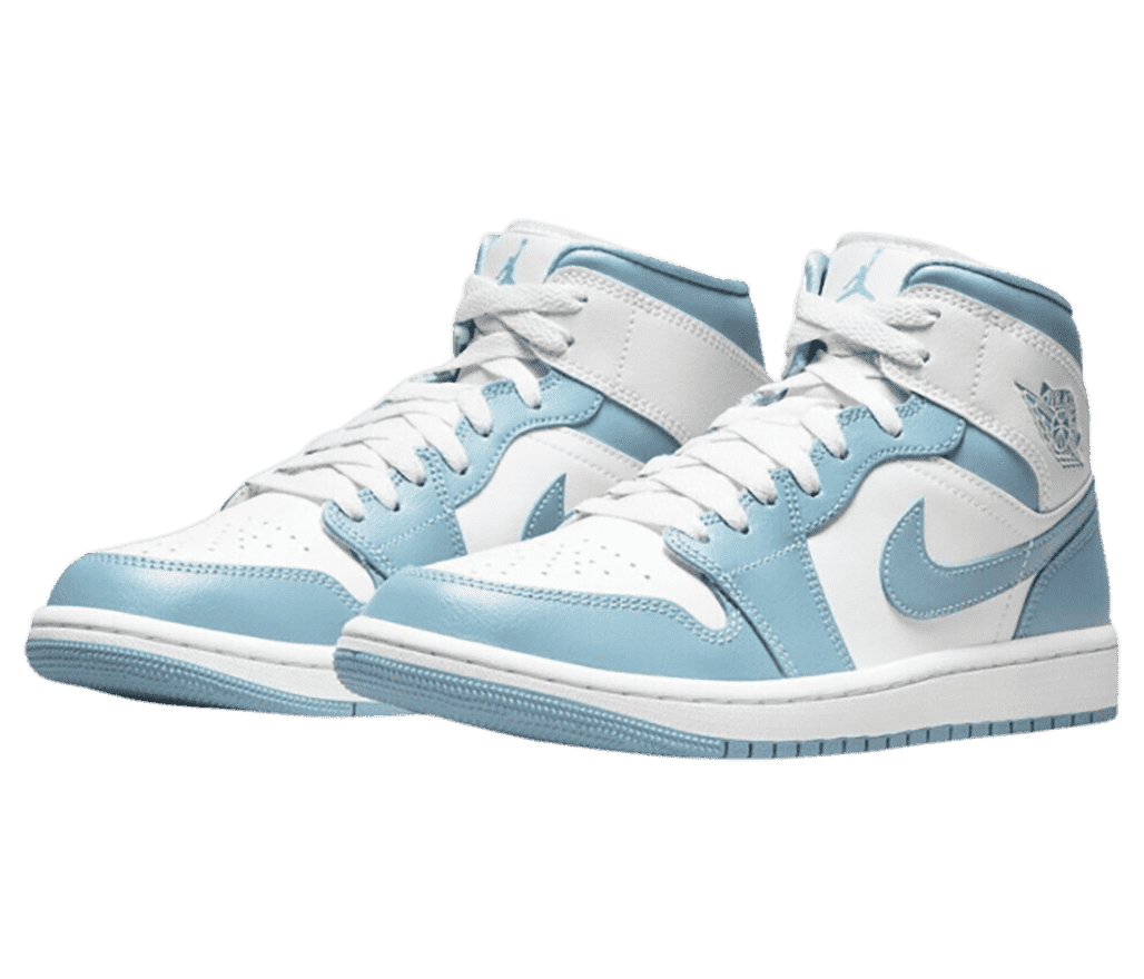 A white pair of AJ1 Mid sneakers with light blue overlays, collars, and outsoles.