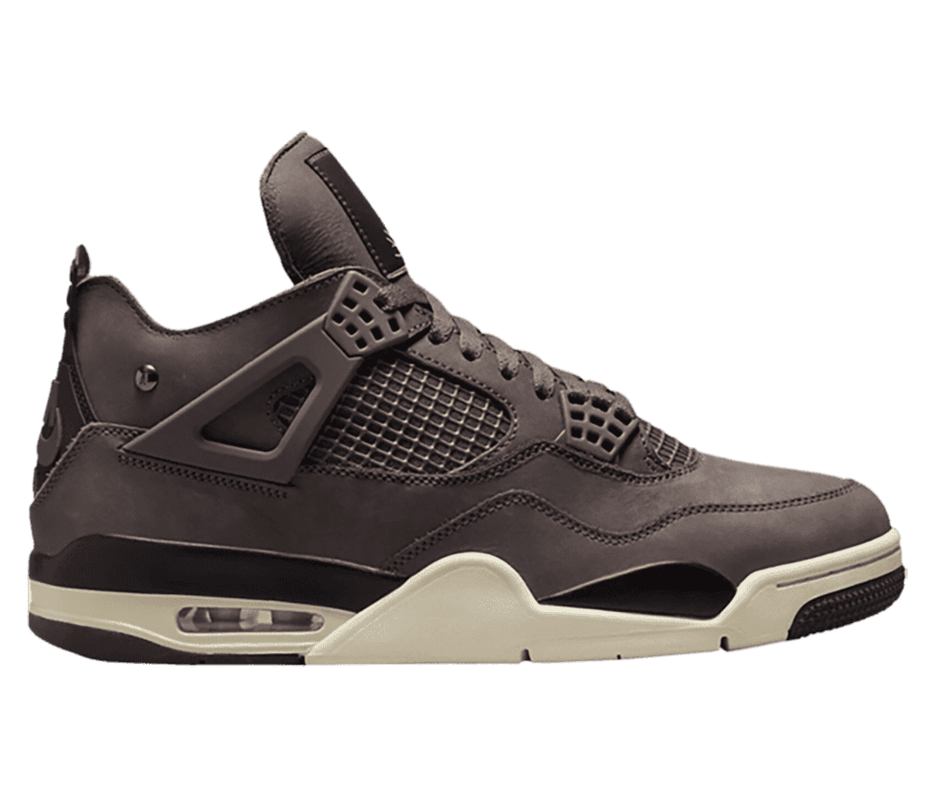 A brown suede pair of AJ4 sneakers with black and cream soles.