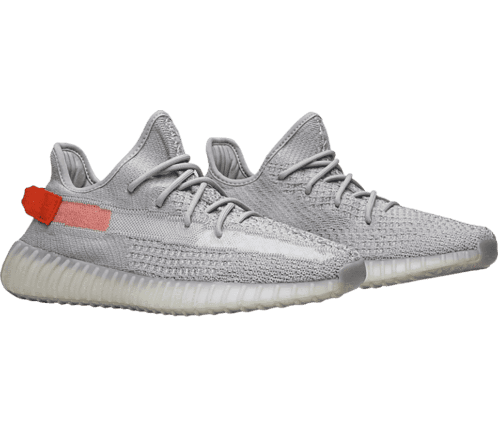 A pair of ”YEEZY Boost 350 V2 Tail Light” sneakers
                      with a greay semi-translucent side and red pulling tag at the back.
