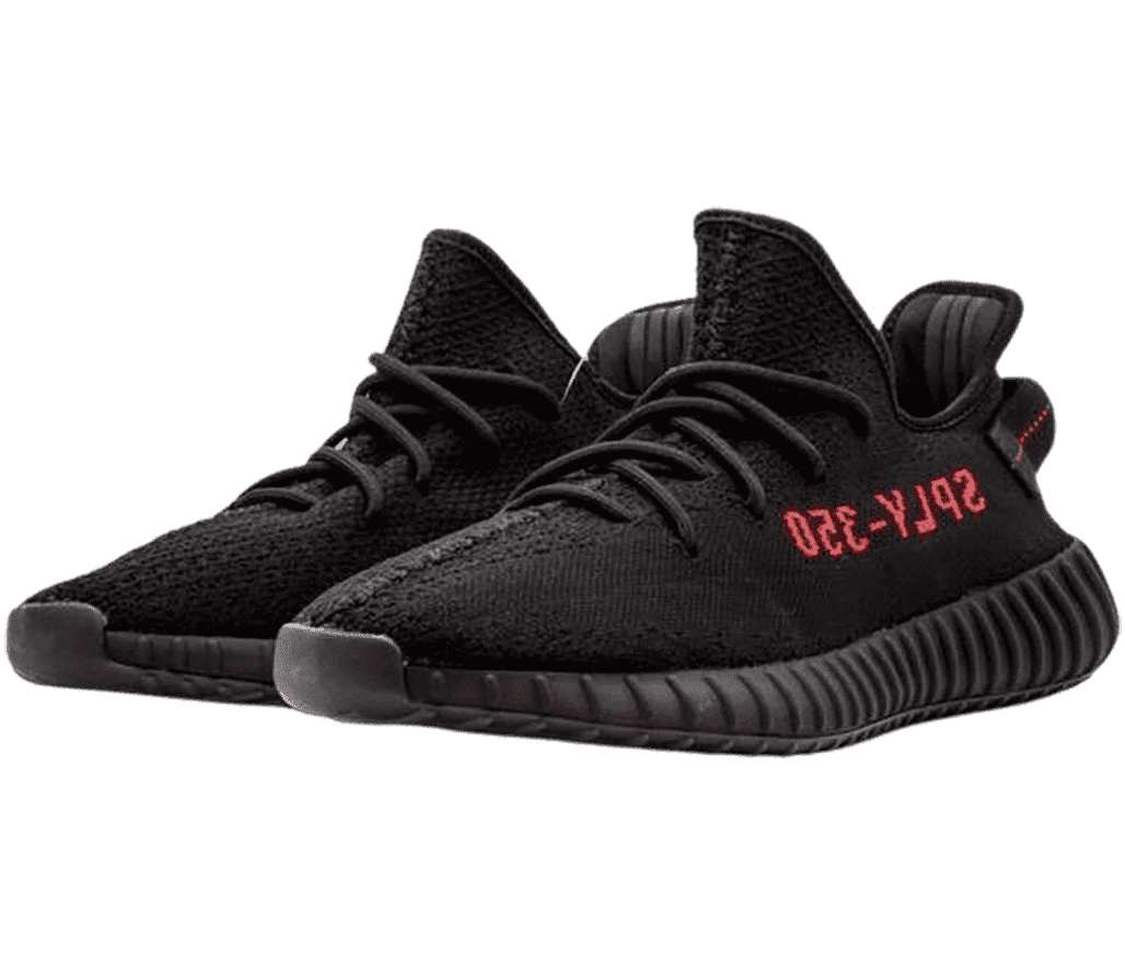 A pair of YEEZY 'bred V2' sneakers in all-black with
                      'SPLY-350,' printed backwards and on the sides in red.