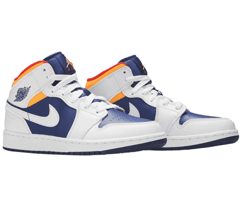 A pair of white and navy AJ1 Mid sneakers with orange collars and red lining.