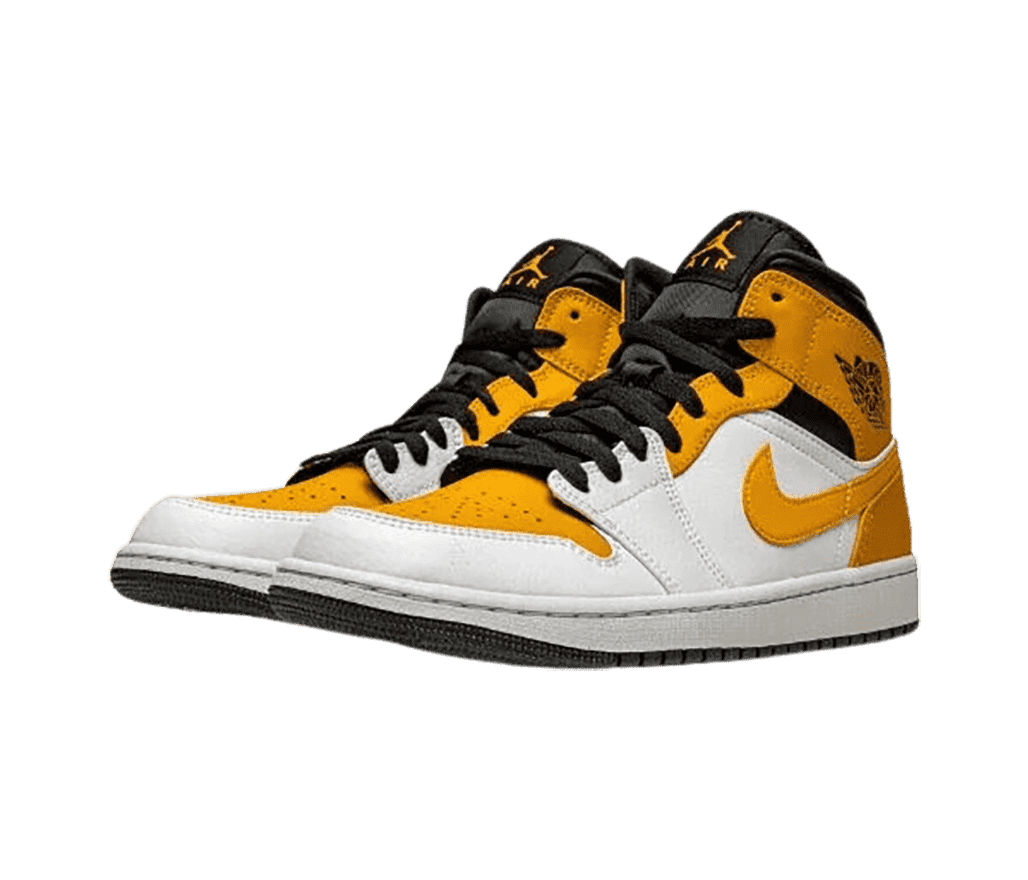 A white pair of AJ1 sneakers with golden yelllow toeboxes, heels, collar straps, and Swooshes and black laces and collars.