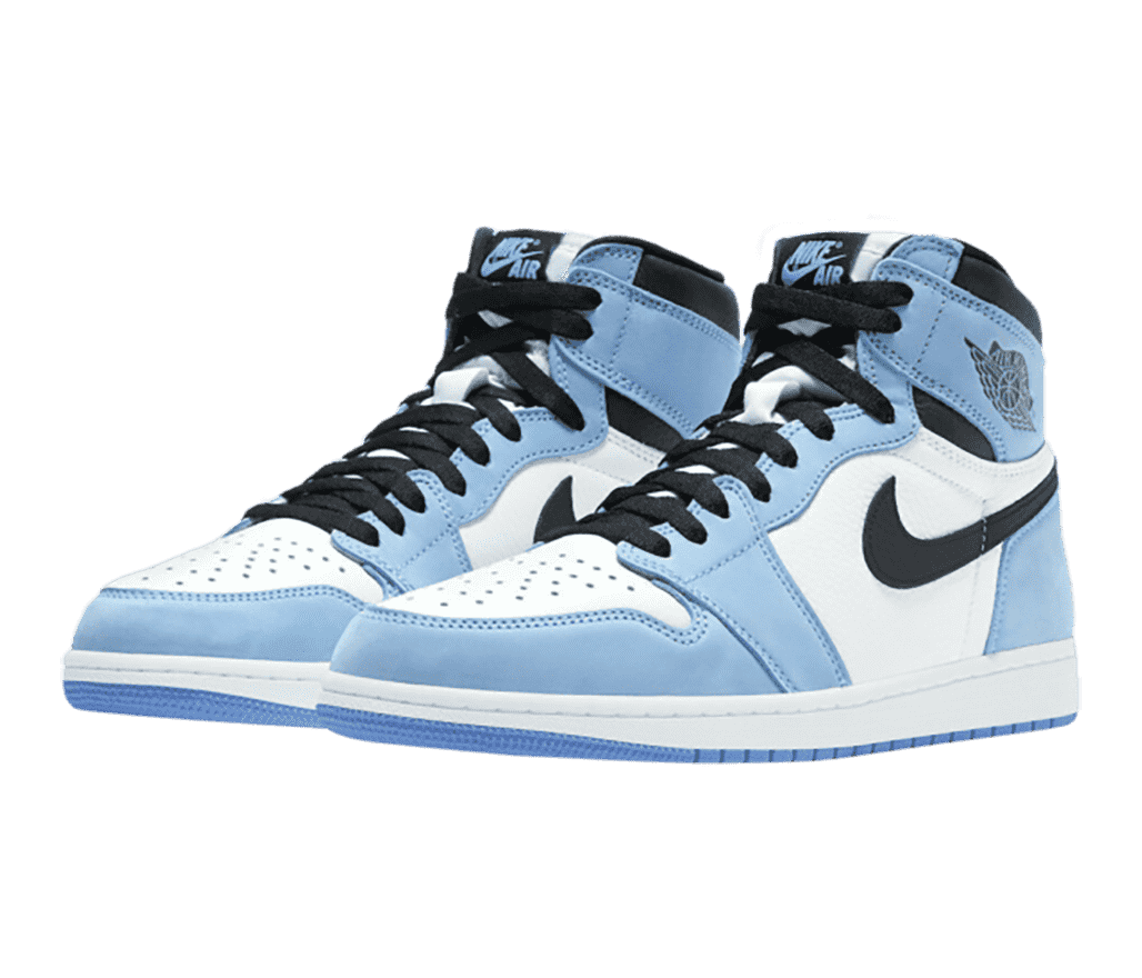 A pair of white AJ1 High sneakers with light blue suede overlays and black laces, Swooshes, and collars.