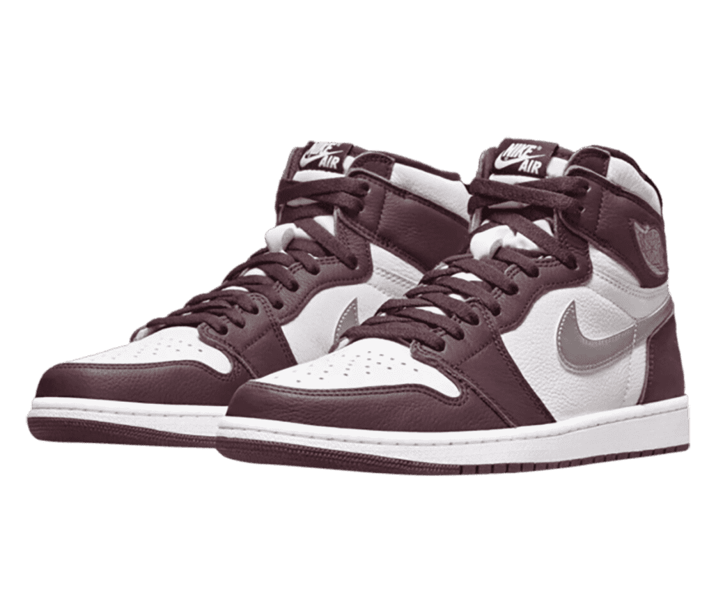 A pair of AJ1 High sneakers in white and dark purple with silver Swooshes.