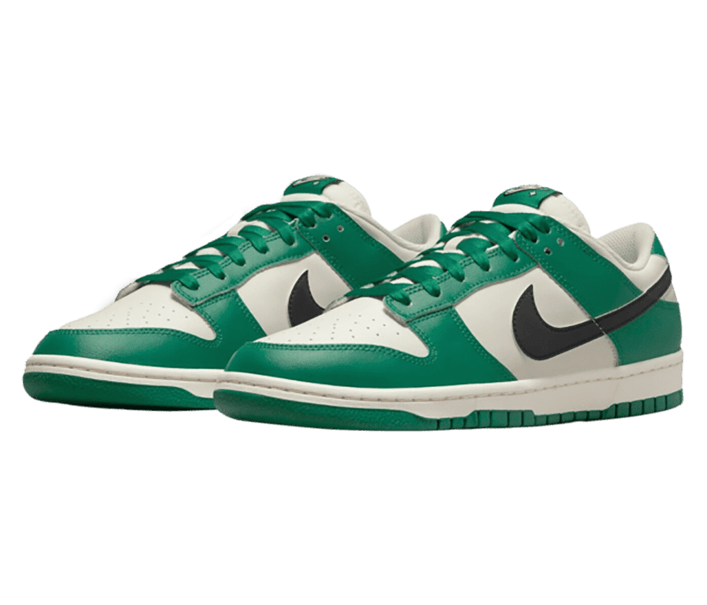 A pair of off-white AJ1 Low sneakers with green overlays and black Swooshes.