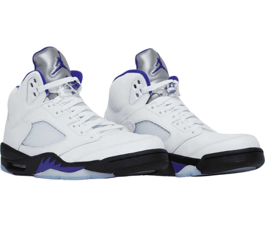 A white pair of AJ5 sneakers with black outsoles and blue detailing.