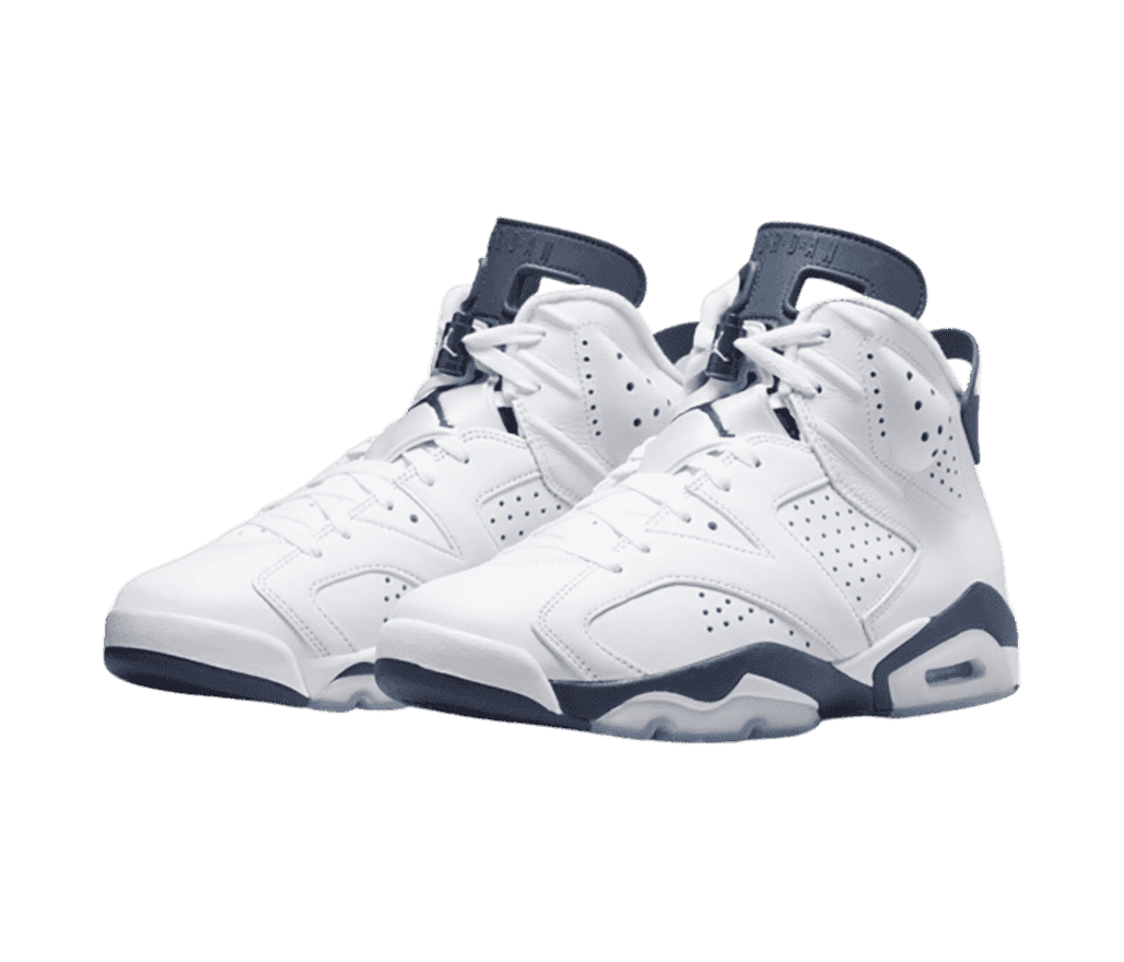 A white pair of AJ6 sneakers with navy details.