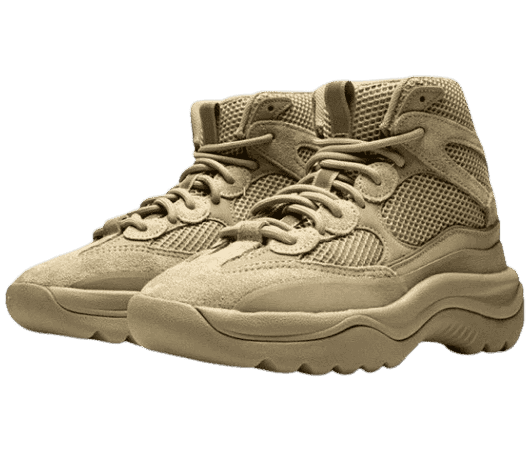 A pair of 'adidas Original YEEZY Boots' sneakers in
                      a beige color with high-tops and mesh on the semi-translucent side.
