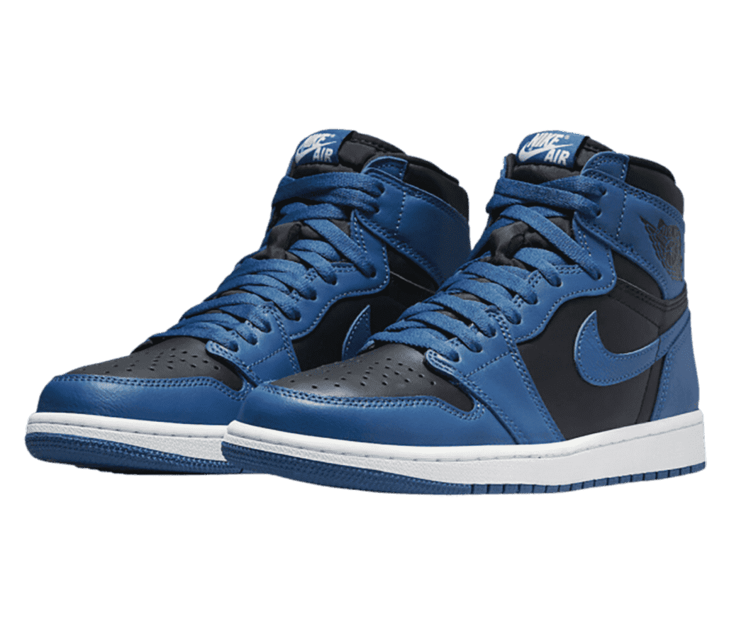 A leather pair of AJ1 High sneakers in black and blue.