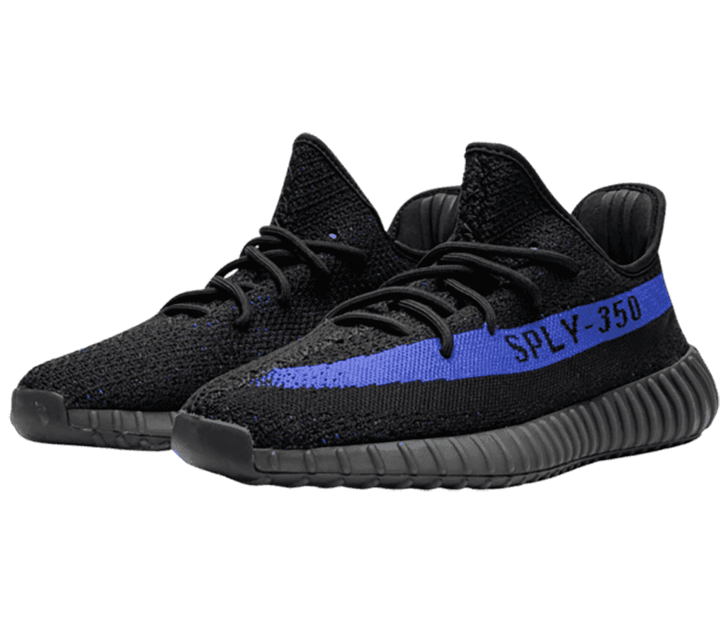 A pair of Adidas Originals YEEZY Boost 350 sneakers with black soles and uppers and a blue stripe on the lateral sides.