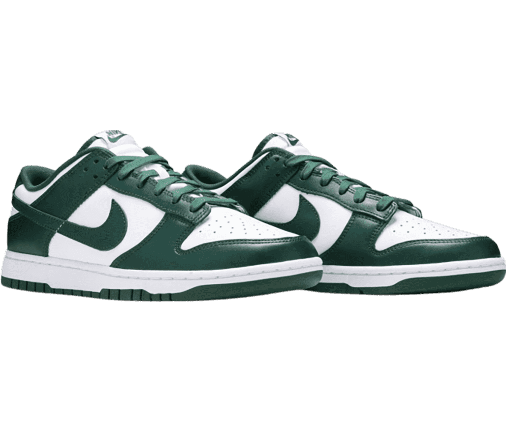 A pair of AJ1 Low sneakers in white uppers with dark green overlays.
