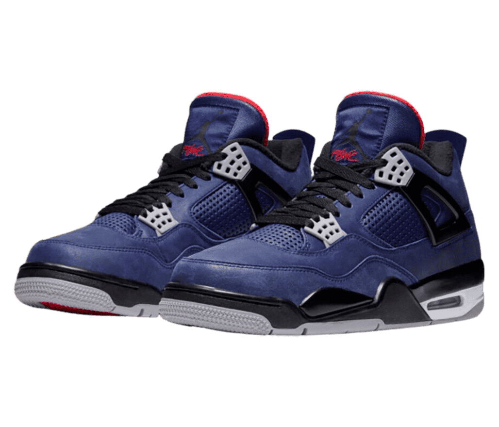 A navy pair of AJ4 sneakers with black detailing and gray lace cages.