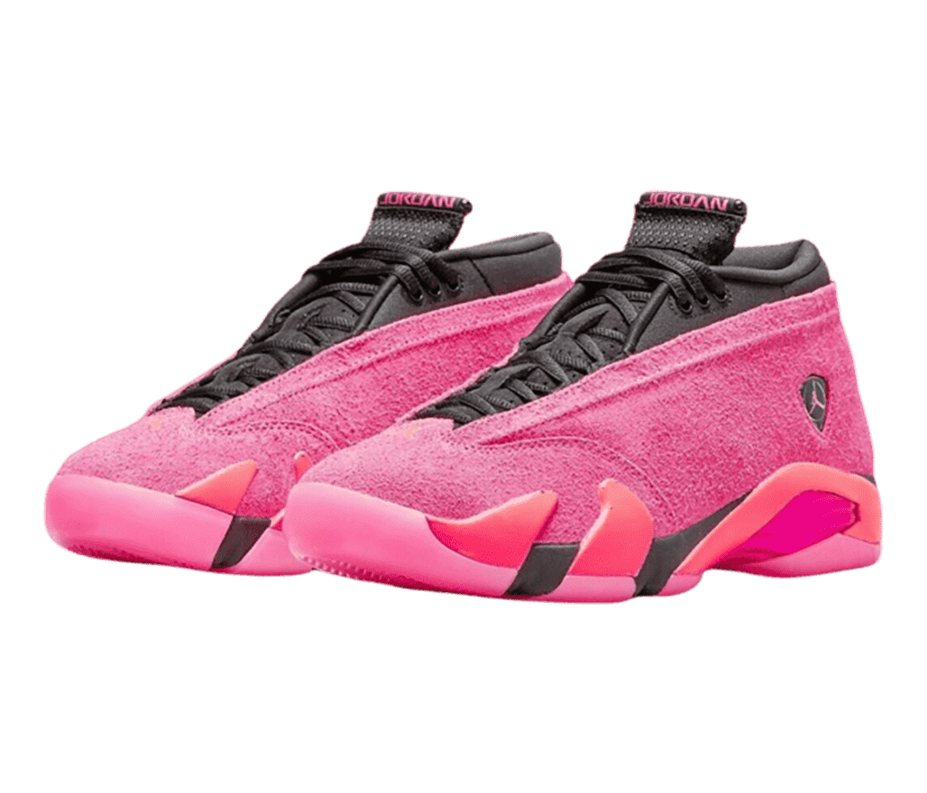 A pair of AJ14 “Shocking Pink” sneakers in pink suede.