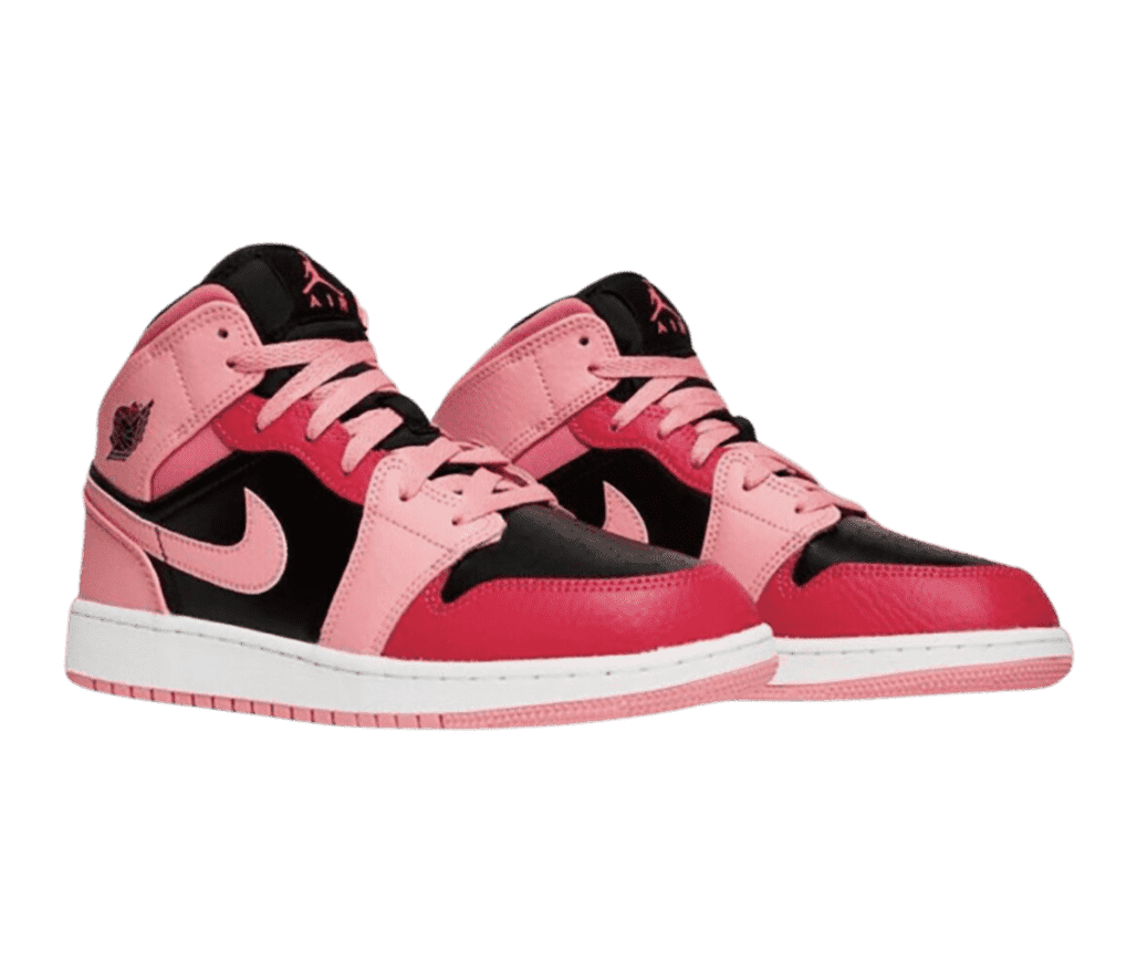 A pair of AJ1 “Coral Chalk” Mid sneakers with black uppers, pink overlays and Swooshes, and hot pink tips.