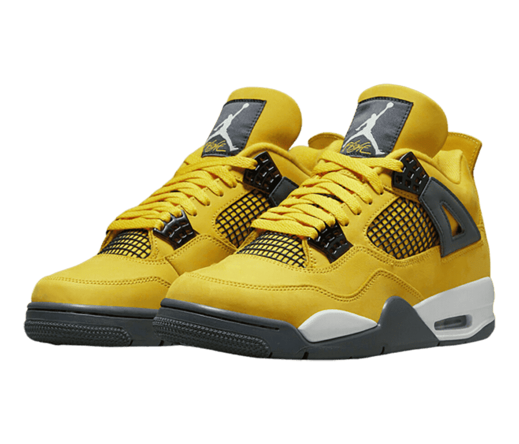 A pair of vibrant yellow AJ4 sneakers with dark gray detailing.