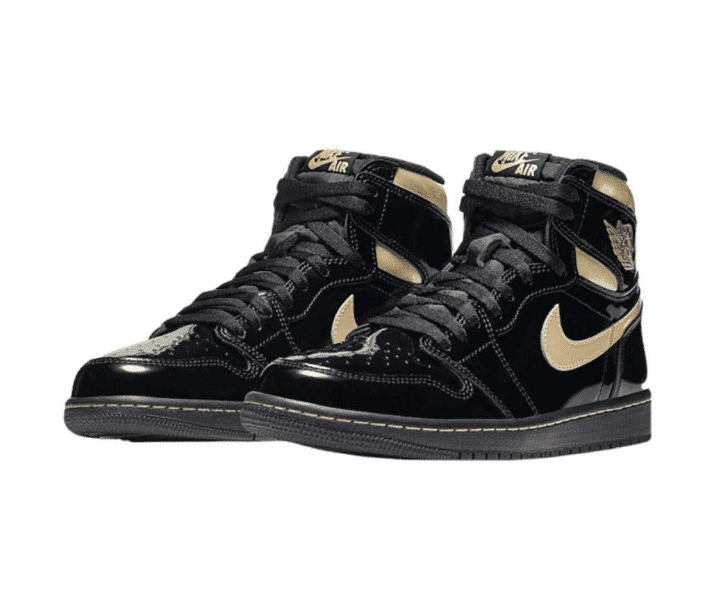 A black patent leather pair of AJ1 High sneakers with gold collars, Swooshes, and stitching on the soles.