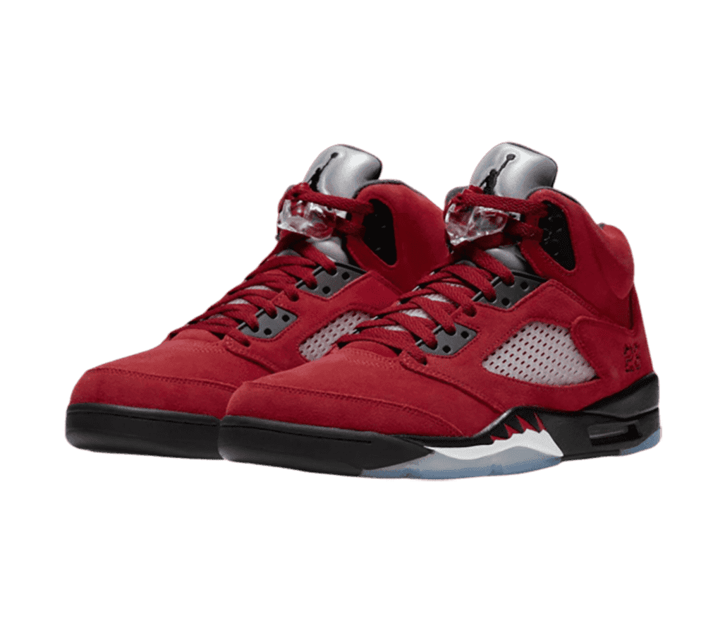 A red suede pair of AJ5 sneakers with black soles and clear lace locks.