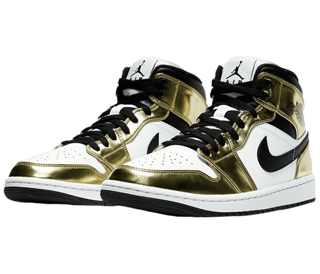 A white pair of AJ1 Mid sneakers with shiny gold overlays and black Swooshes, collars, laces, and outsoles.
