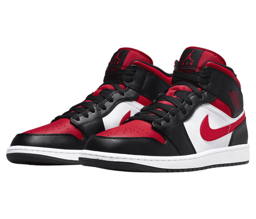 A pair of AJ1 Mid sneakers in red, black, and white.