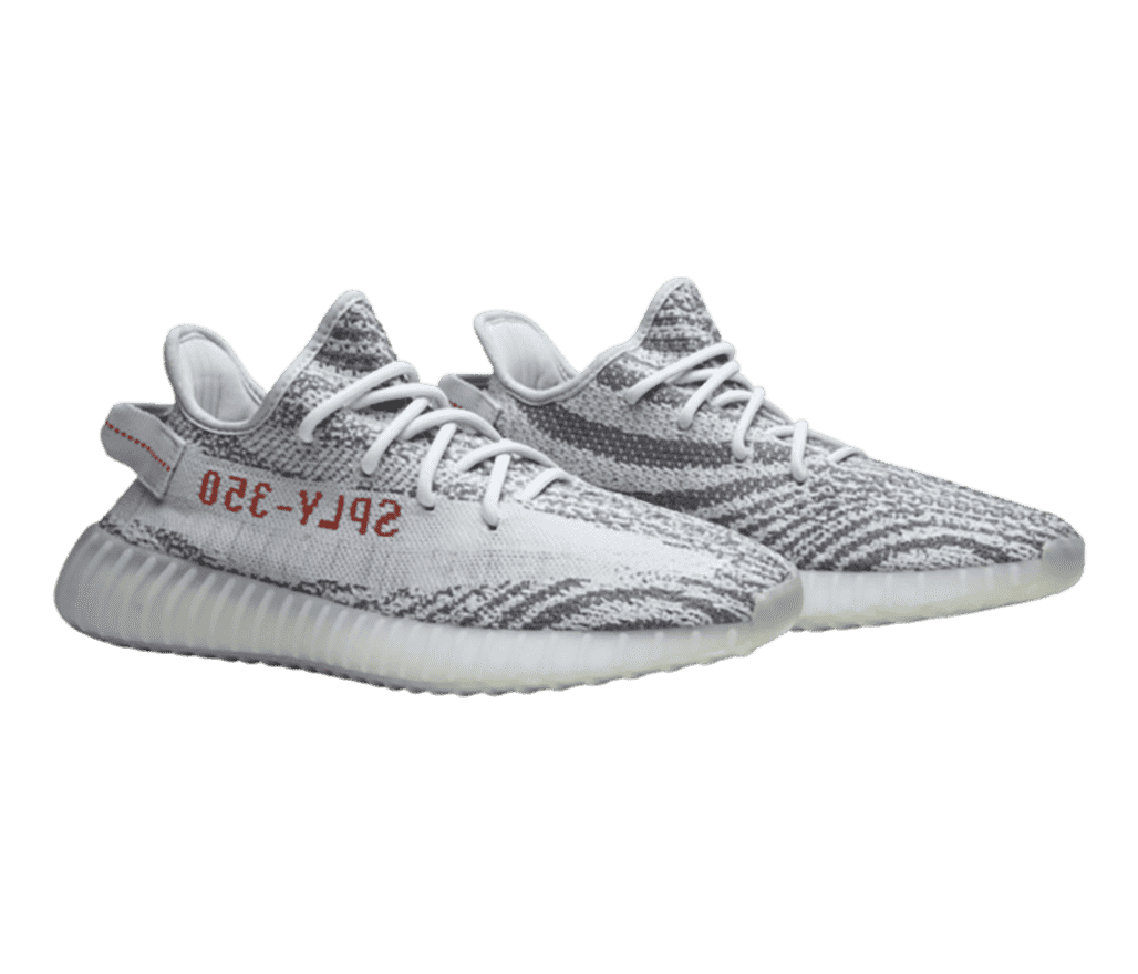 An white pair of YEEZY Boost 350 sneakers with gray spiraling on the uppers and off-white semi-translucent soles.