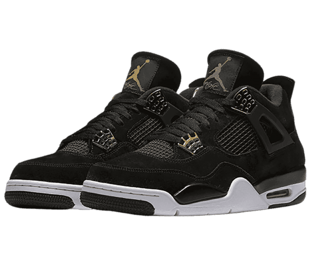 An all-black pair of AJ4 sneakers with gold lace cages and white soles.