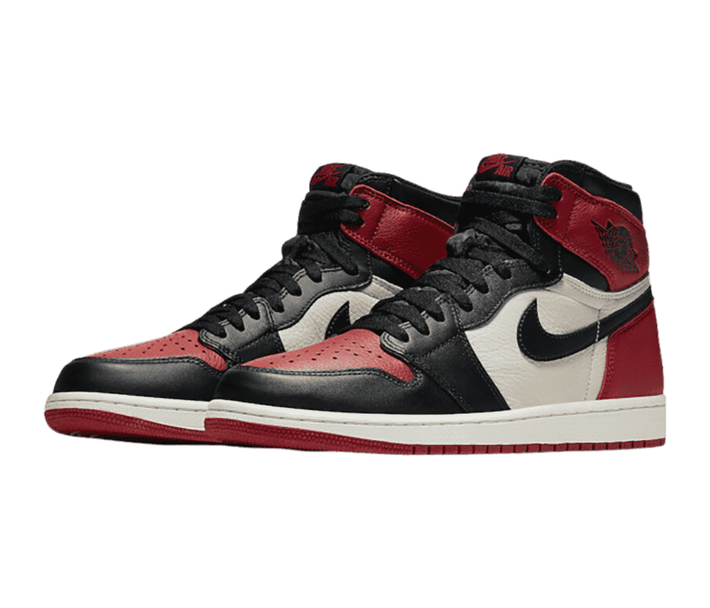 A pair of AJ1 High sneakers in black, red, and white tumbled leather.