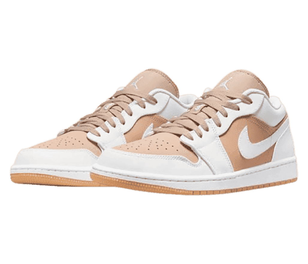 A pair of AJ1 Low “Hemp White” sneakers in beige and white uppers and gum outsoles.