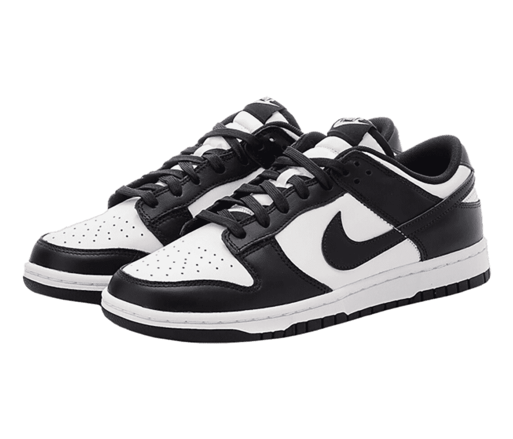 A pair of Nike Dunk Low “Panda” sneakers in black and white leather uppers.