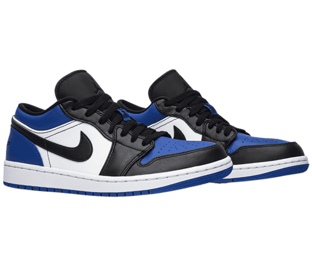 A pair of AJ1 Low sneakersin black, blue, and white leather. 