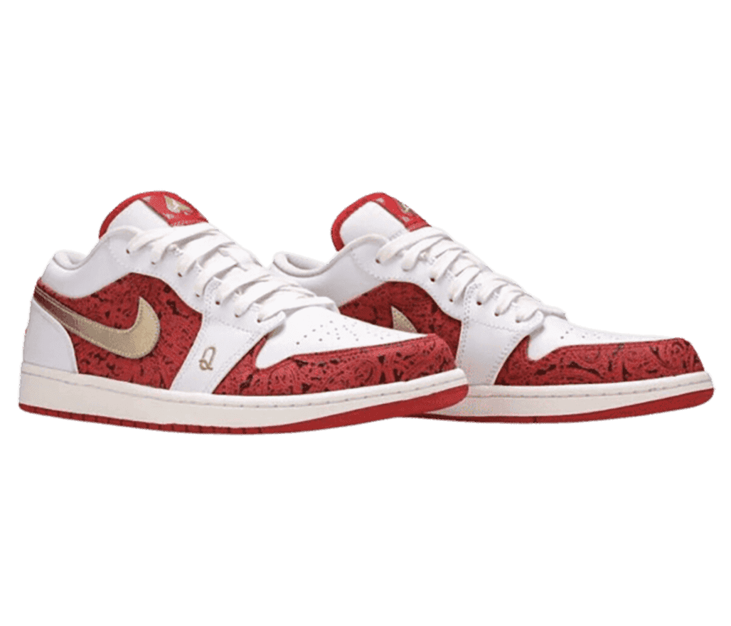 A pair of AJ1 “Spades” sneakers in red, white, and gold with intricate embroidered patterns and a “Q” and “K” on the sides.