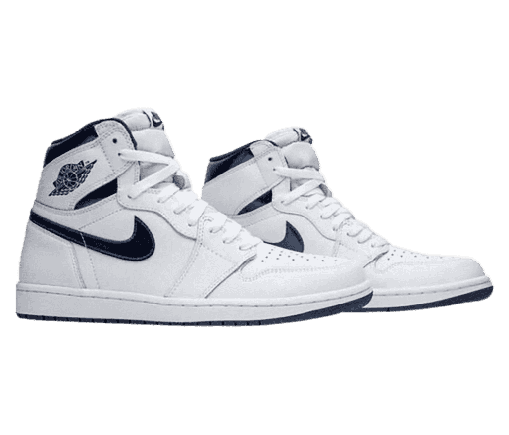 A white pair of AJ1 High sneakers with navy collars, outsoles, and Swooshes.