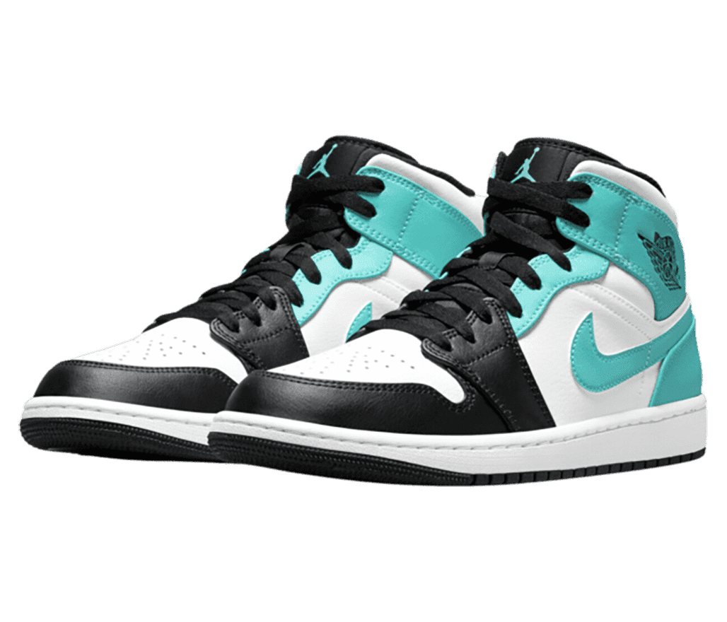 A pair of AJ1 Mid sneakers in white with black tips, laces, and outsoles and teal collar straps and Swooshes.