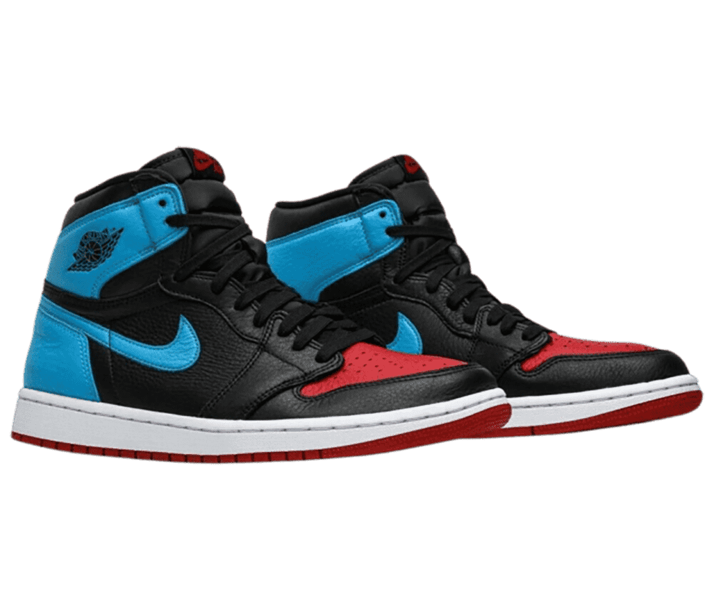 A black pair of AJ1 High sneakers with red toeboxes and outsoles and blue heels and Swooshes.