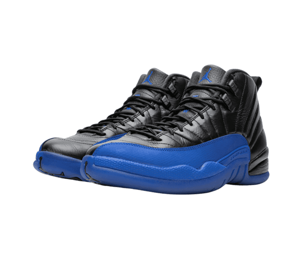 A black pair of AJ12 sneakers with blue mudguards.
