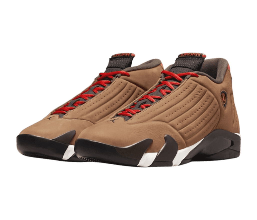 A pair of AJ14 Winterized sneakers in brown uppers and lining and red laces.