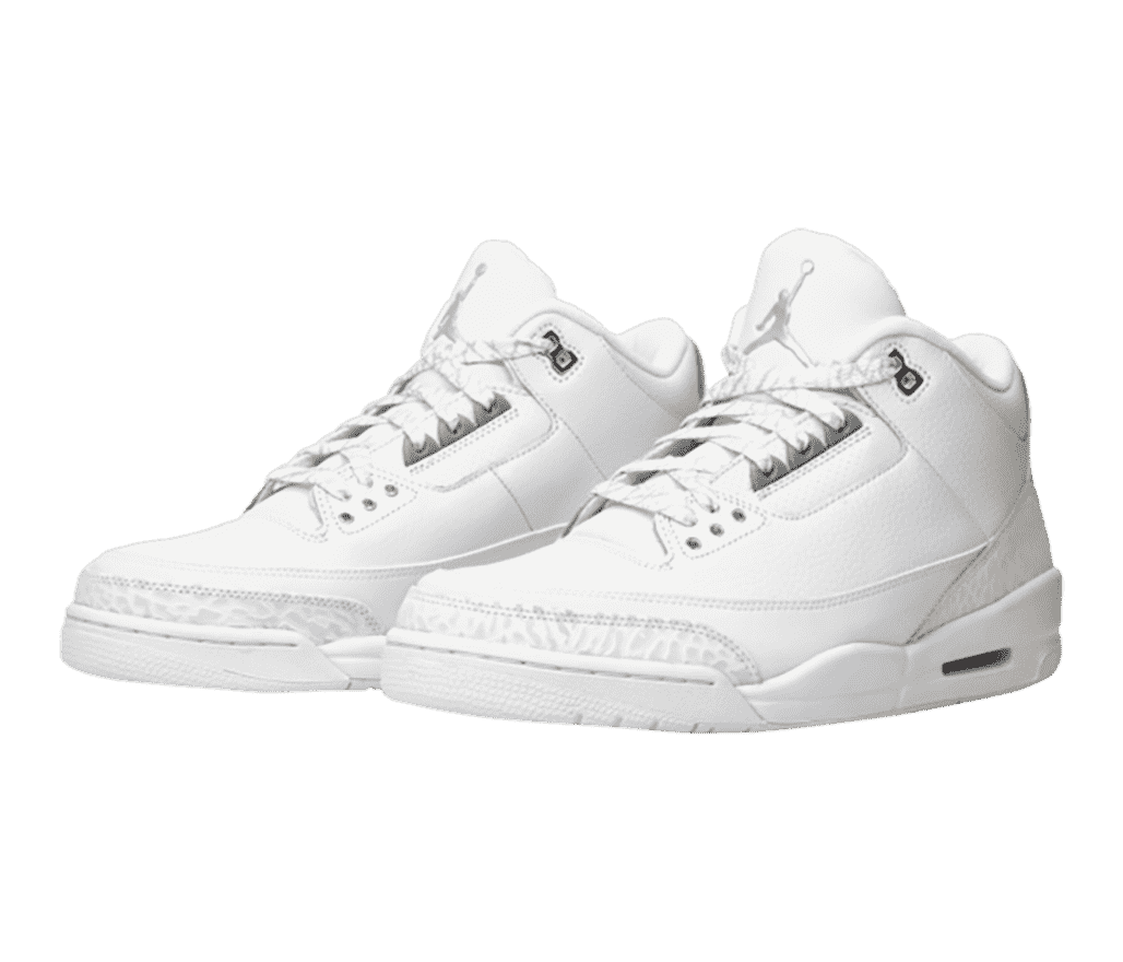 A pair of all-white AJ3 sneakers with animal print laces, heels, and tips.