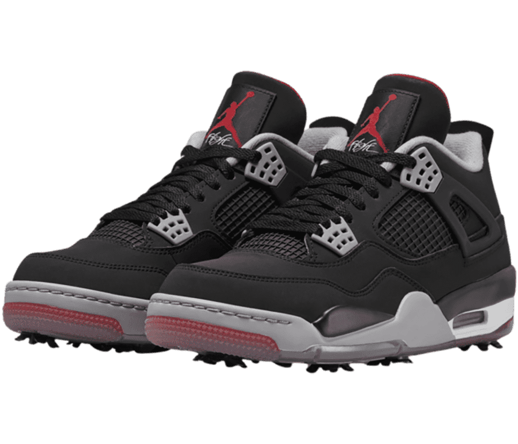 A pair of AJ4 sneakers in black suede with gray details and golf cleats.