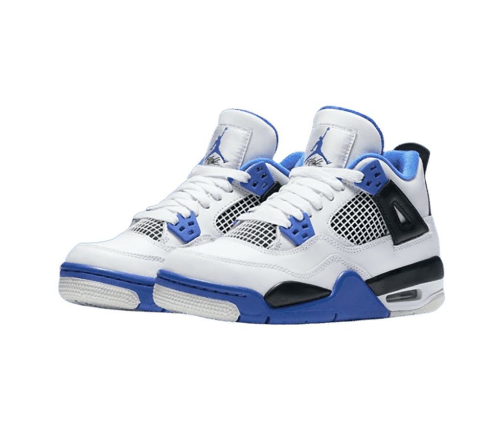 A white pair of AJ4 sneakers with blue and black detailing.
