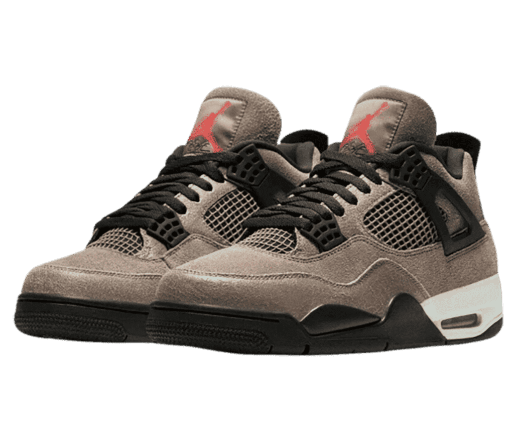 A pair of AJ4 sneakers in a washed-out brown suede with black laces, outsoles, and lace cages.