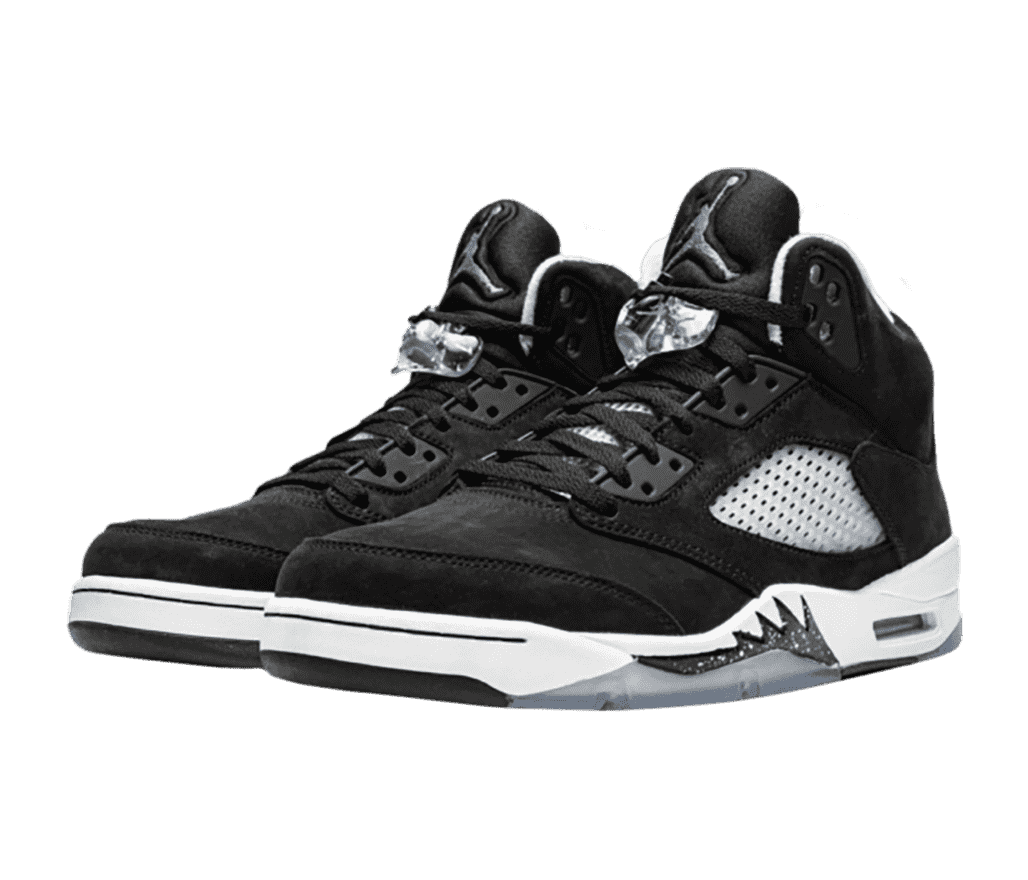 A pair of AJ5 sneakers in black suede with white midsoles and clear lace locks.