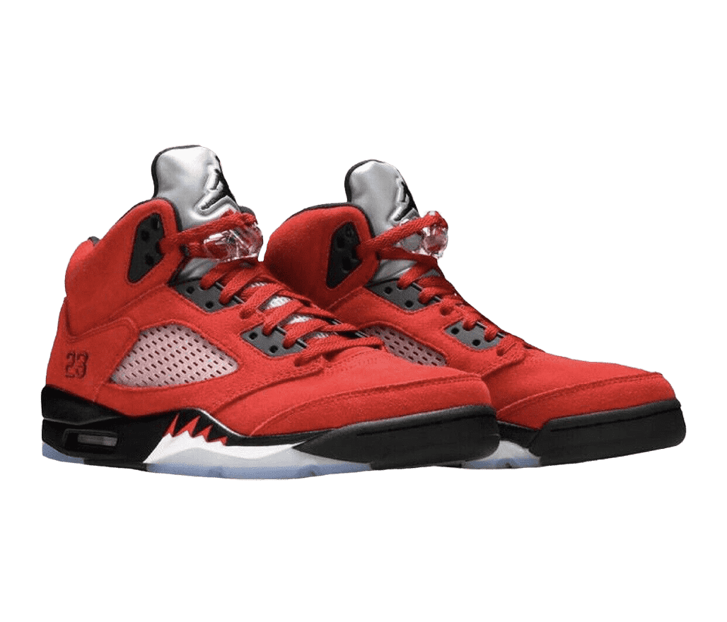 A pair of AJ5 sneakers in red suede with black soles and clear lace locks.
