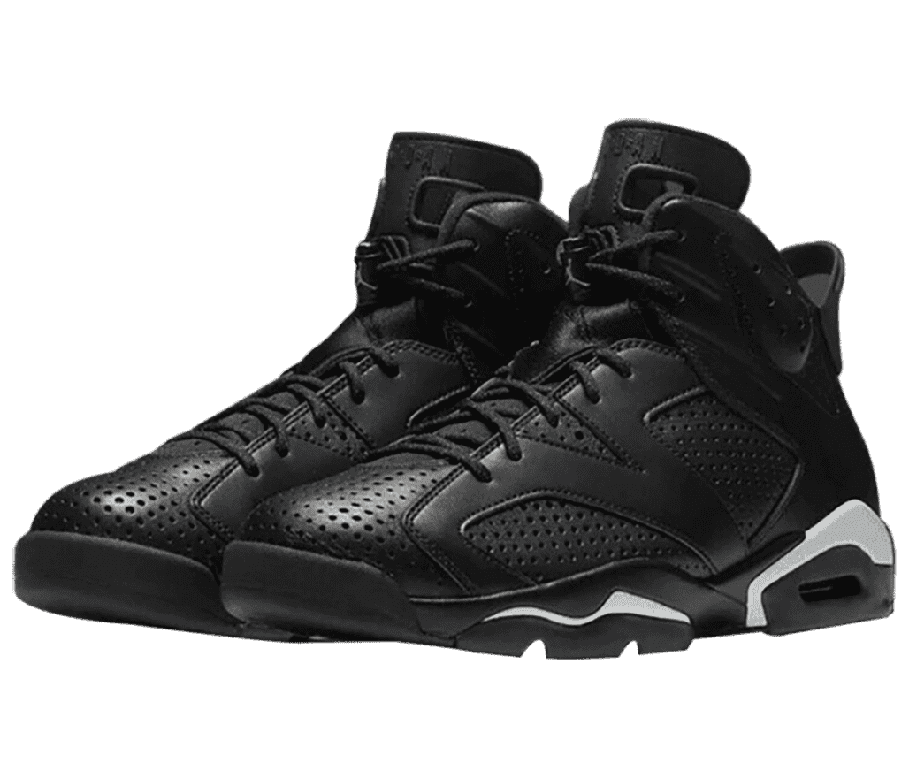 An all-black pair of AJ6 sneakers with perforated uppers and light gray accents on the soles.