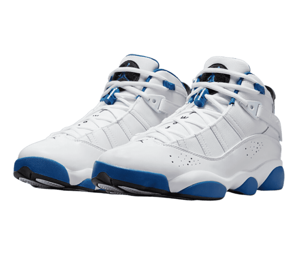 A white pair of Jordan 6 Rings sneakers with blue outsoles and lace locks.