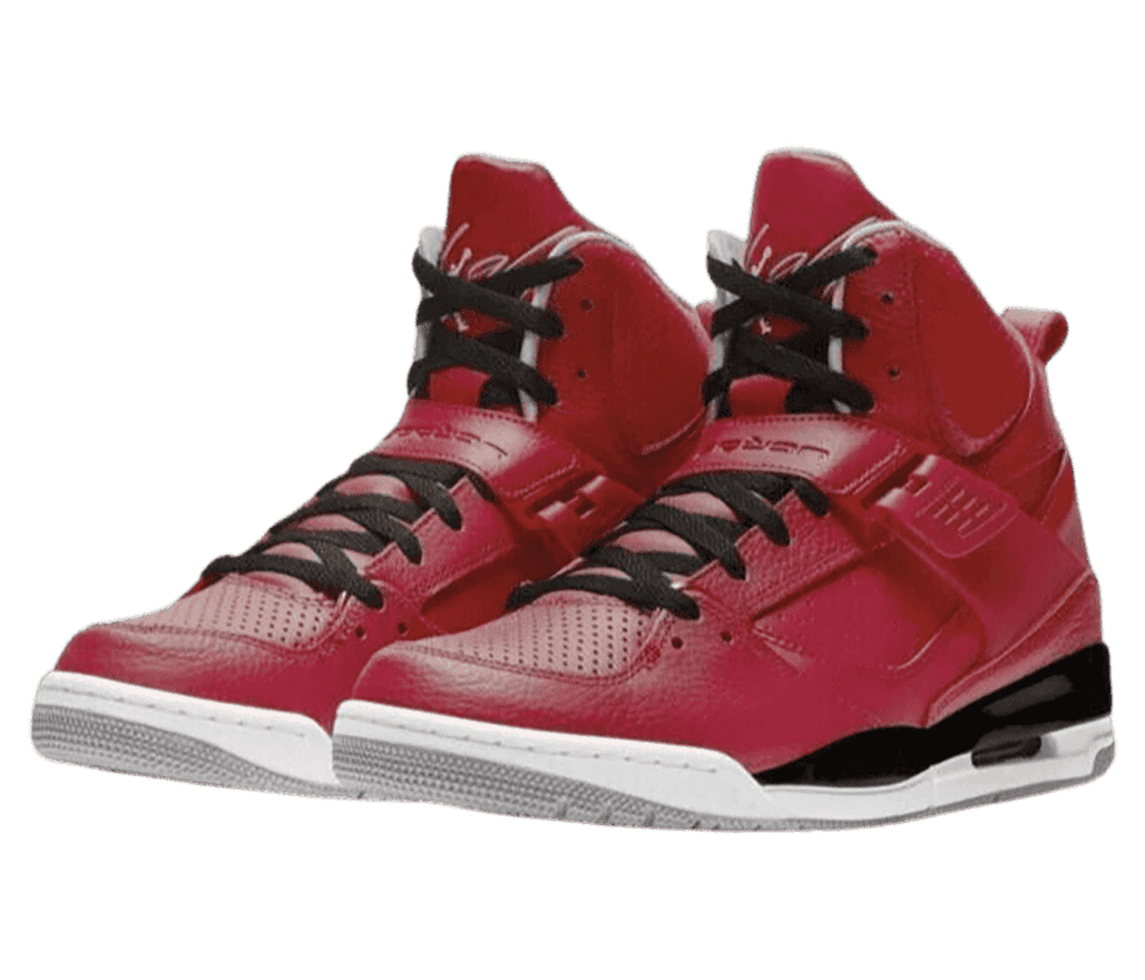 A pair of Jordan Flight 45 sneakers in red leather uppers with black laces, white midsoles, and gray outsoles.