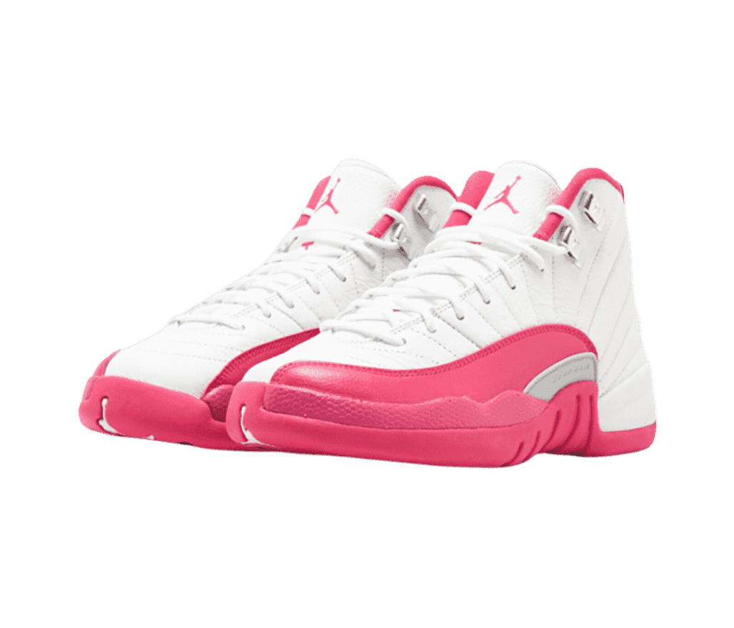 A white pair of AJ12 sneakers with pink mudguards and soles.