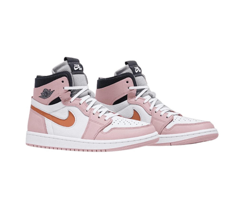 A pair of AJ1 High “Pink Glaze” sneakers in white and pink uppers with orange Swooshes, black collars, and gray tongues.
