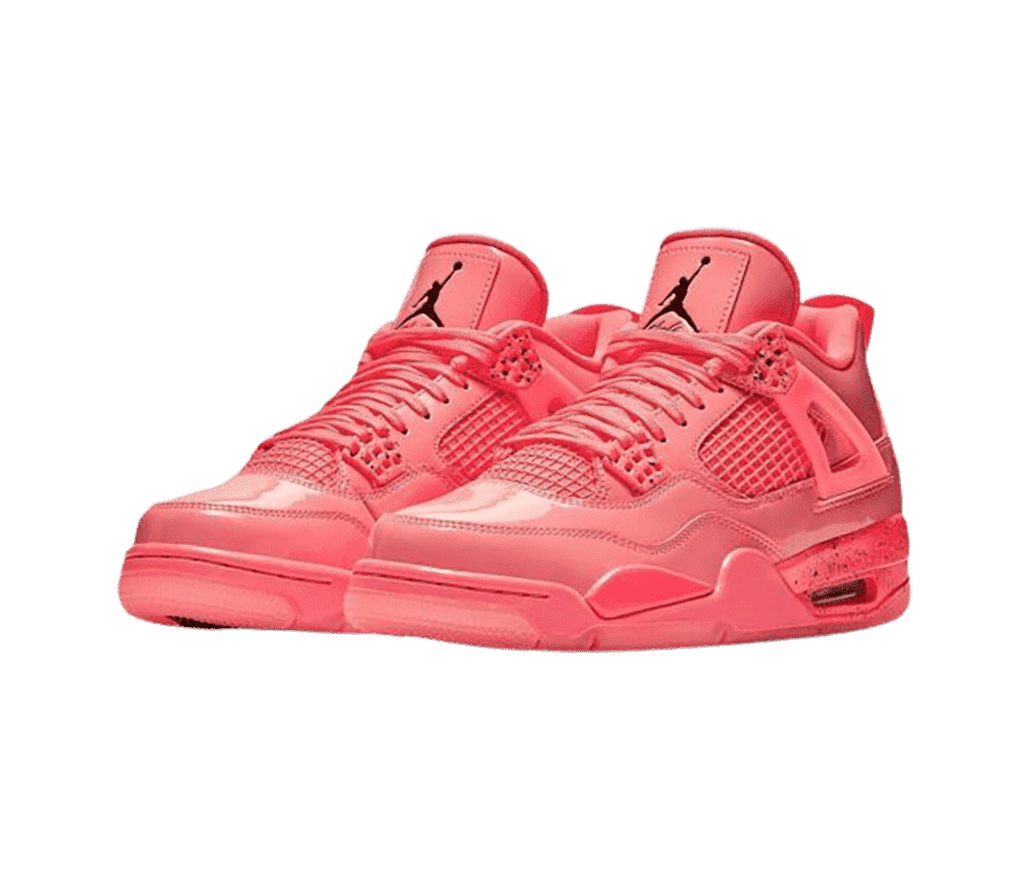 A hot pink pair of AJ4 sneakers with black speckled details.