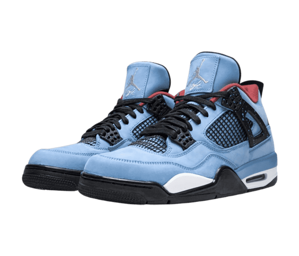 A blue suede pair of AJ4 sneakers with red fleece lining and black details.