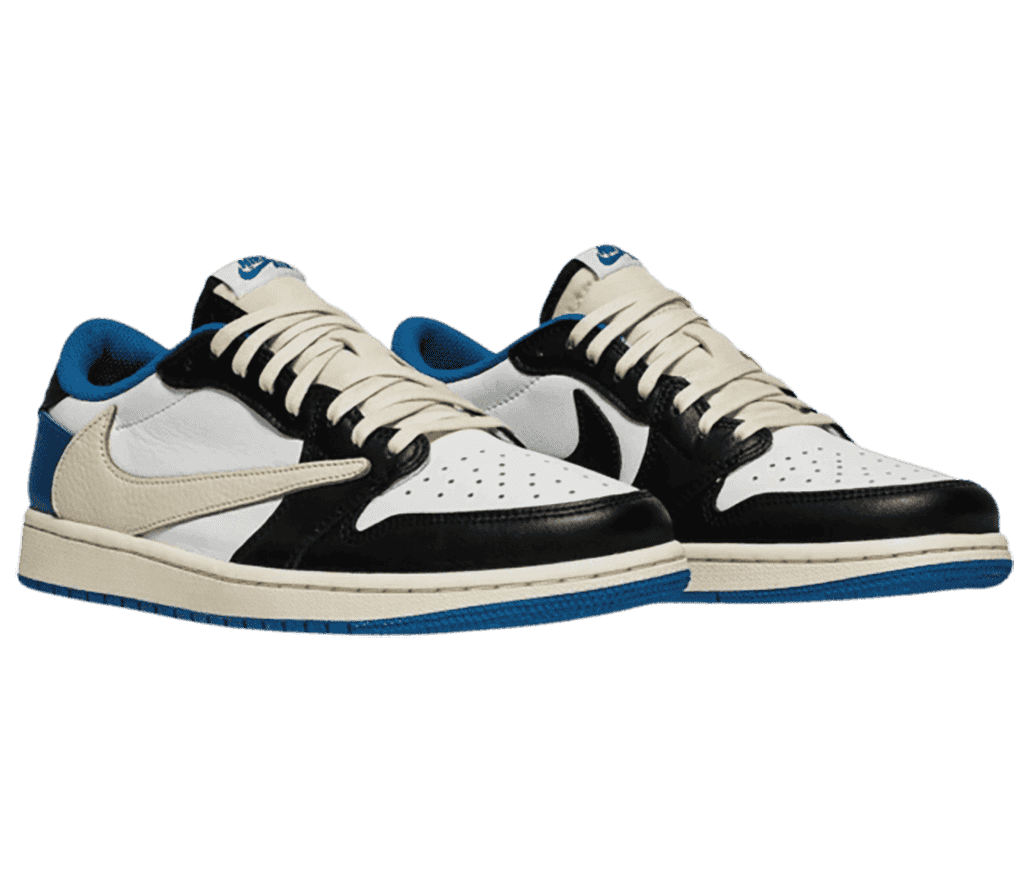 A white, black, and blue pair of AJ1 Low sneakers with off-white laces, midsoles and reversed Swooshes on the lateral sides.